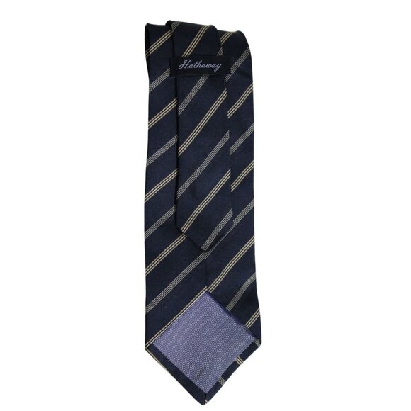 Hathaway Men's Repp Tie 100% Silk, Navy Blue, Yellow & White Diagonal Stripes - Picture 2 of 4